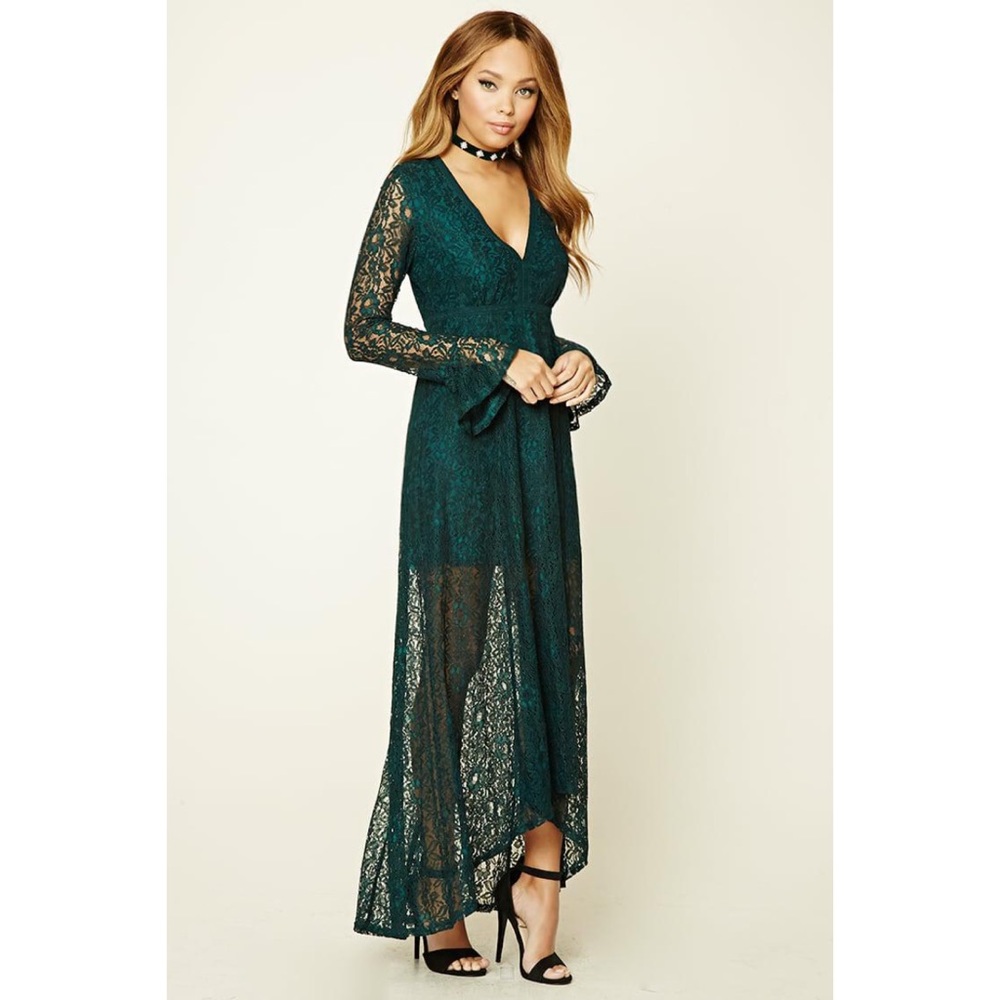 Green V Neckline Lace Overlay Bell Sleeve Homecoming Prom Dress spring time